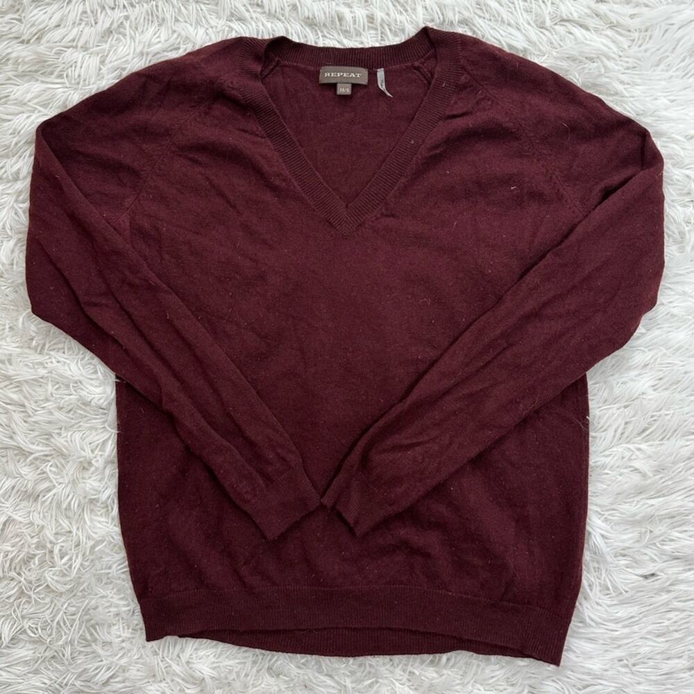 Repeat Women’z Wool Cashmere V-Neck Long Sleeve Sweater Small Maroon / Red